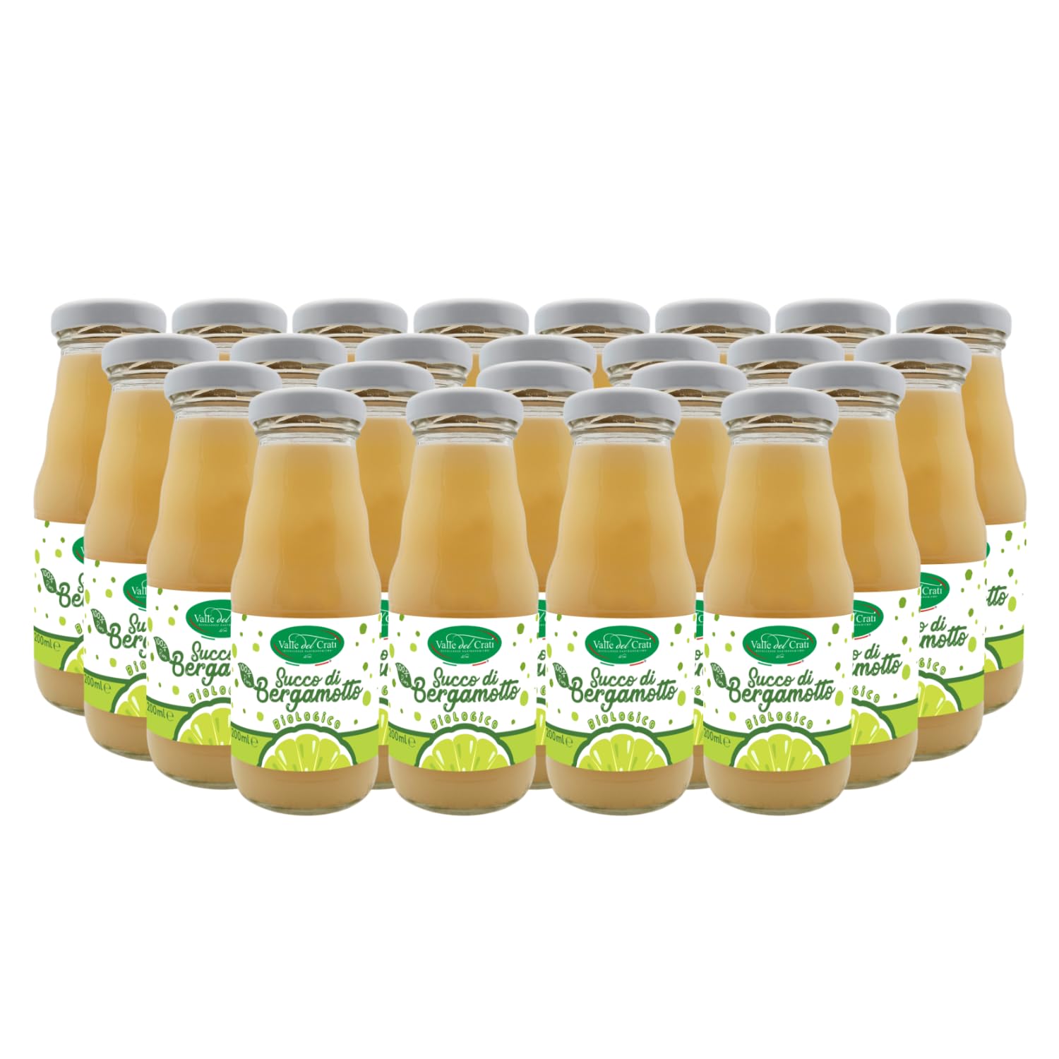 Valle del Crati Succo di Bergamotto BIO Calabrese | 100% Puro | 24 bottiglie da 200ml | senza Zuccheri Aggiunti e senza Conservanti | Bevanda Fresca e Dissetante | Spremuta di Bergamotto Biologico