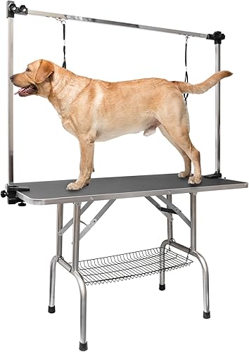 ROOMTEC Mesa de aseo para perros de 46 pulgadas, estación de baño plegable para mascotas con brazo de altura ajustable, bandeja de malla Negro -,Azul