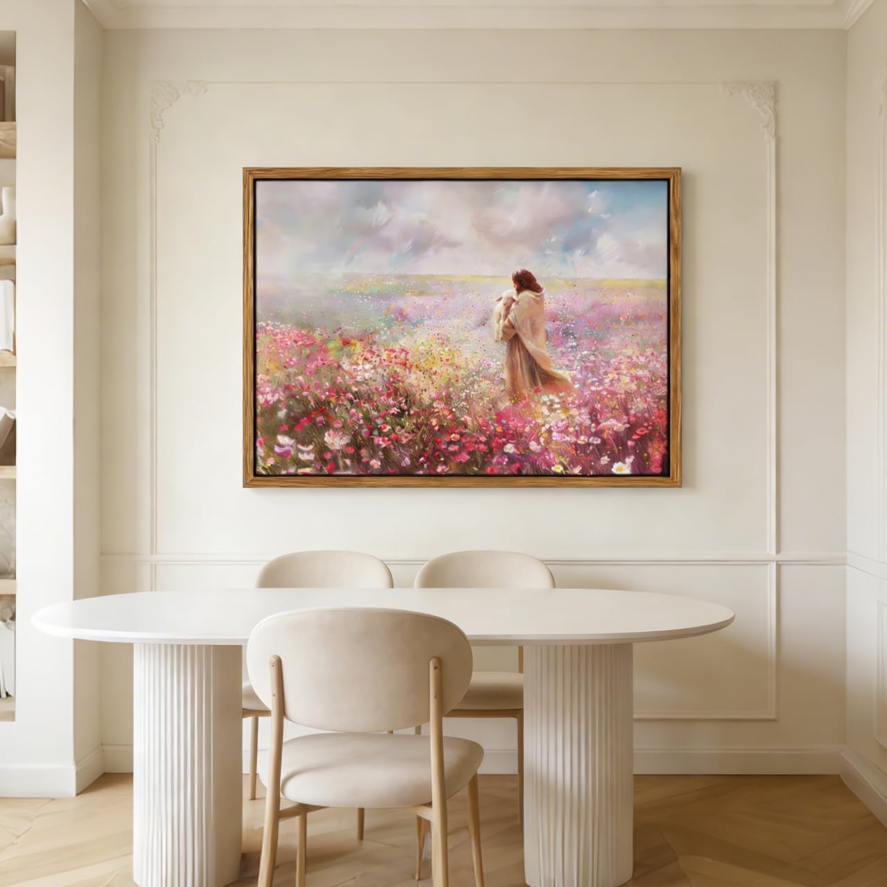 Framed Jesus Embraces the Lost Lamb Canvas Wall Art Christian Wall Decor Jesus and Lamb Painting Bible Story God Leaving the 99 Sheep Picture for Bedroom Prayer Room Church Home（12x16in）