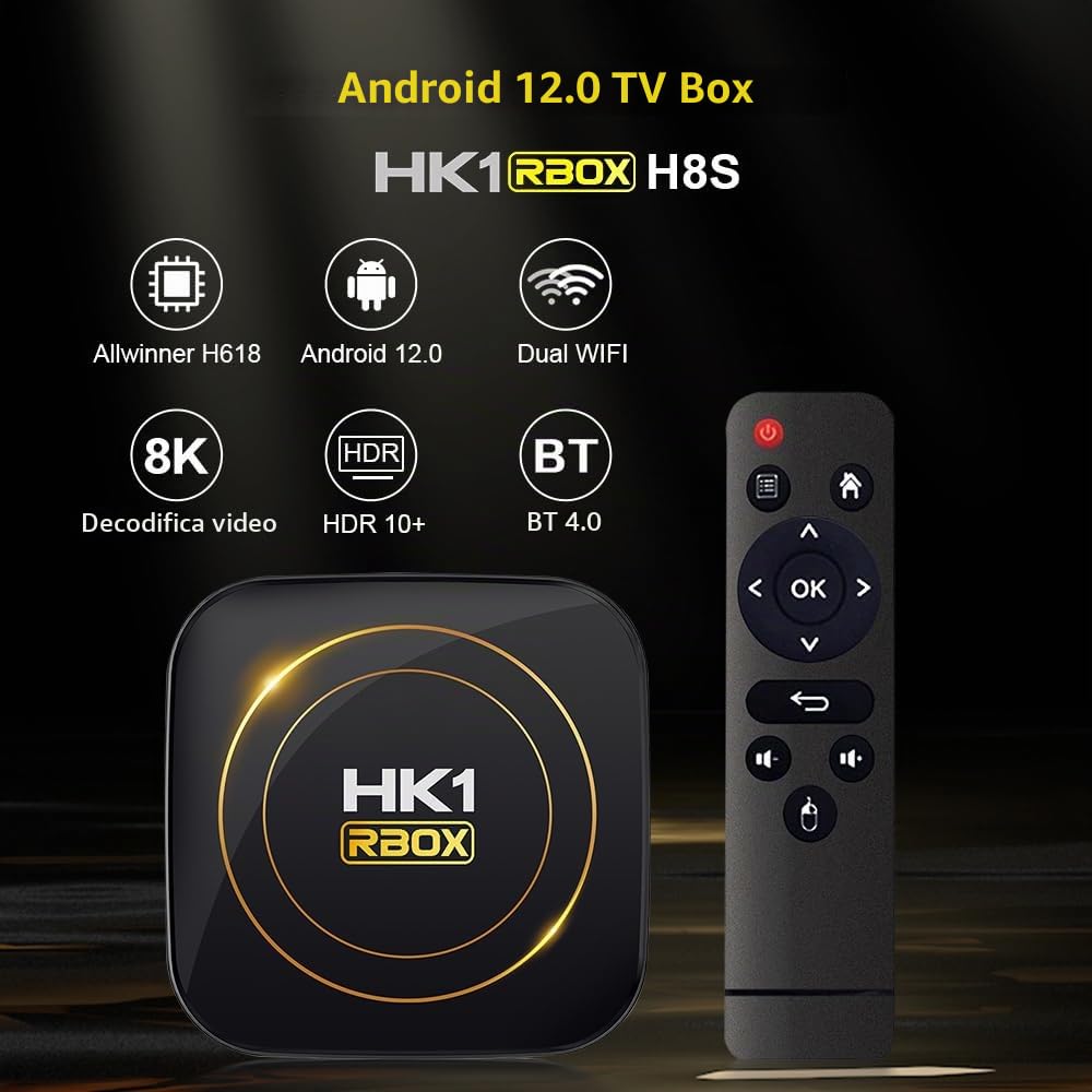 HK1 RBOX Android 12.0 TV Box con 4GB RAM 64GB ROM H618 CPU | Supporta WiFi da 2,4 GHz/5,8 GHz, Bluetooth 4.0, decodifica 8K H265 per lettore multimediale
