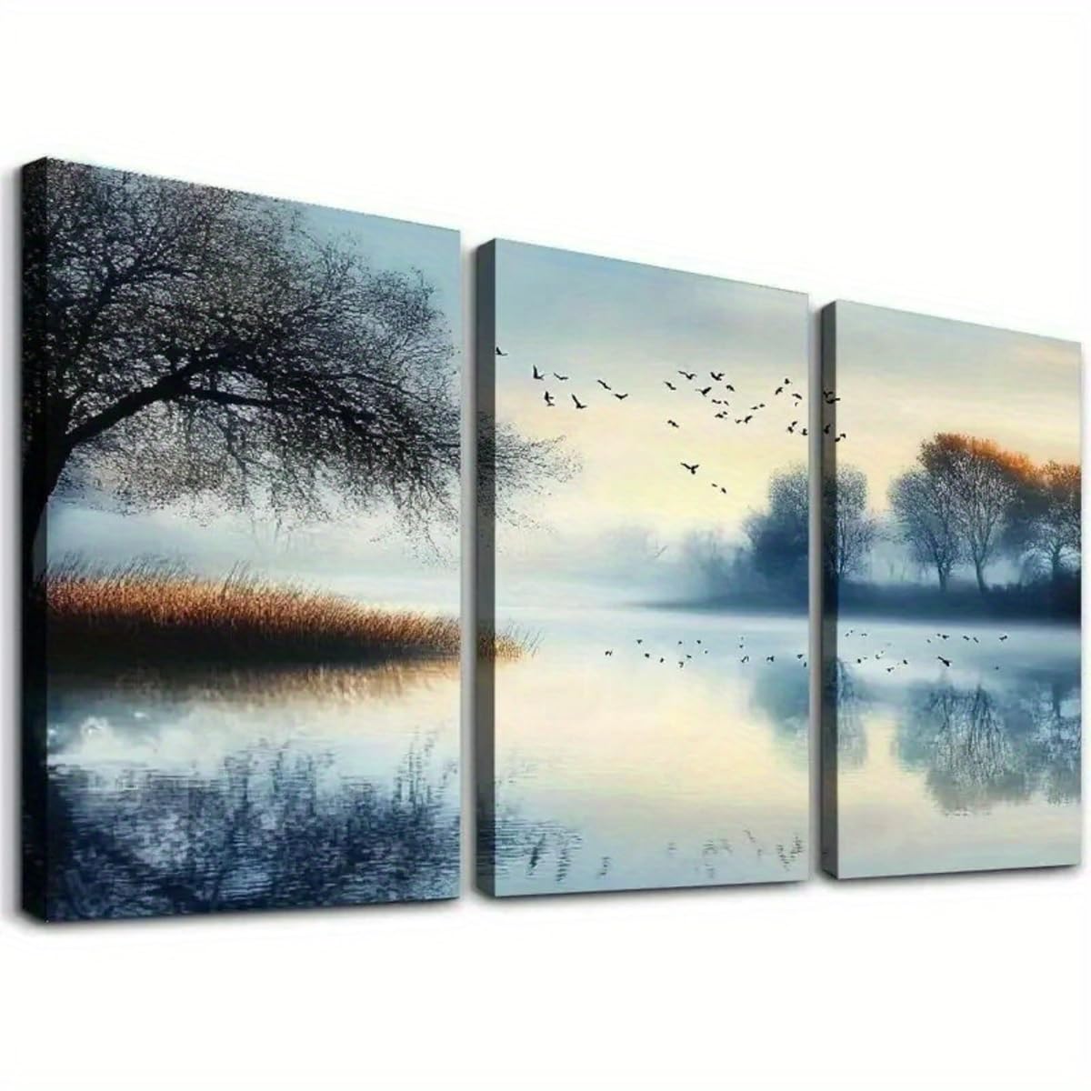 Ixehoh P1 Misty Lake Landscape Canvas Wall Art 3 Piece Triptych Serene Nature Scene With Birds & Tree Silhouette Paintings Wall Decor For Living Room Bedroom Aesthetic Wall Art 40X60cmx3