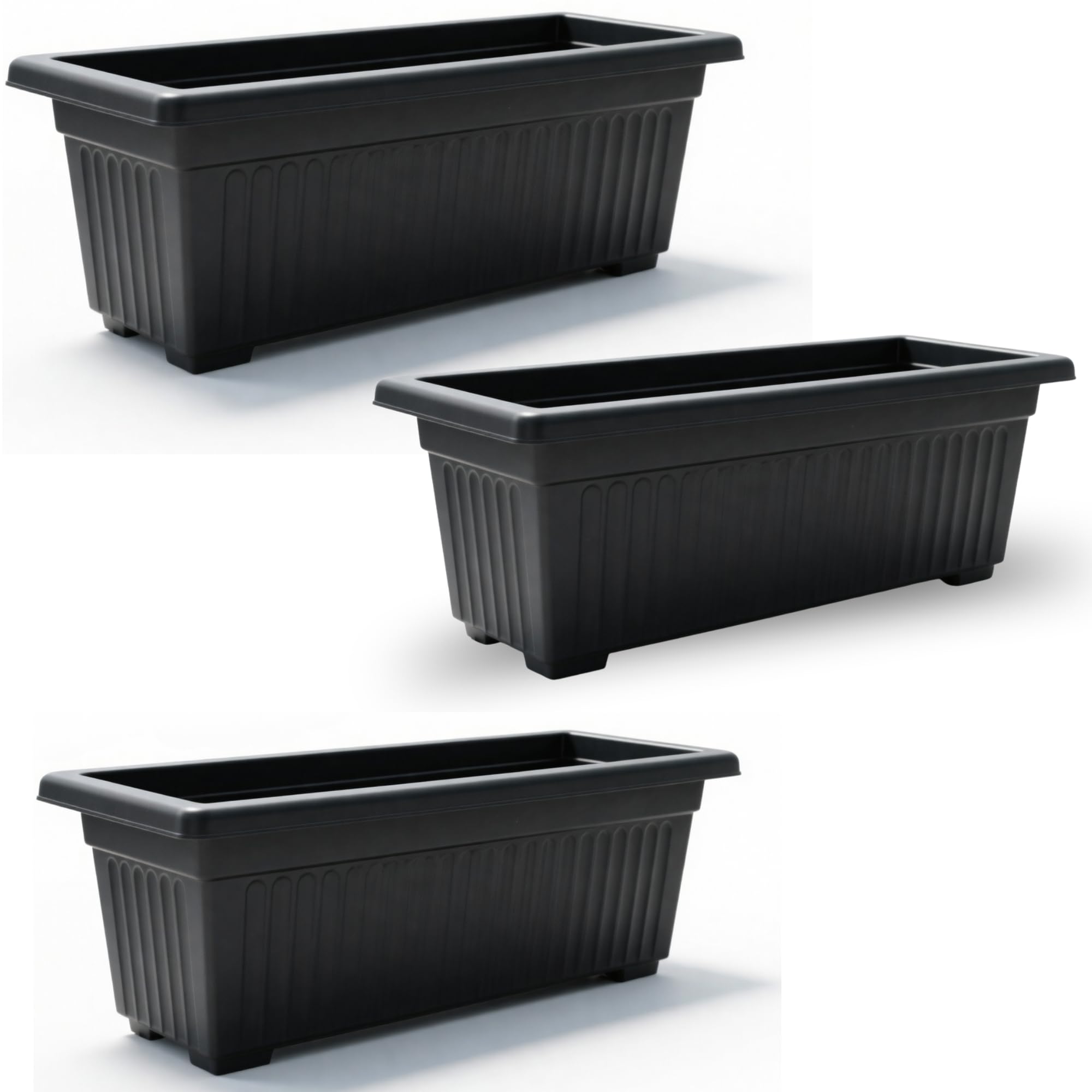 KYY'Z Rectangular Plastic Window Trough Planters - Durable Window Boxes For Vegetables, Balconies & Office - Optimized Drainage & Airflow Planter Pot (Sleek Black, 3 Pack 70cm)