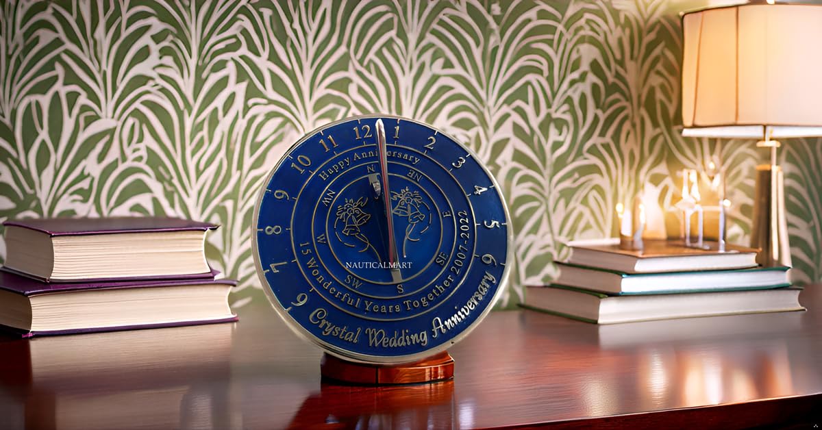 NauticalMart 15th Crystal Wedding Anniversary Sundial Gift for Husband or Wife, Parents, Grandparents, Friends, Couples, Engraved, Romantic Gift, Unique Marriage Present