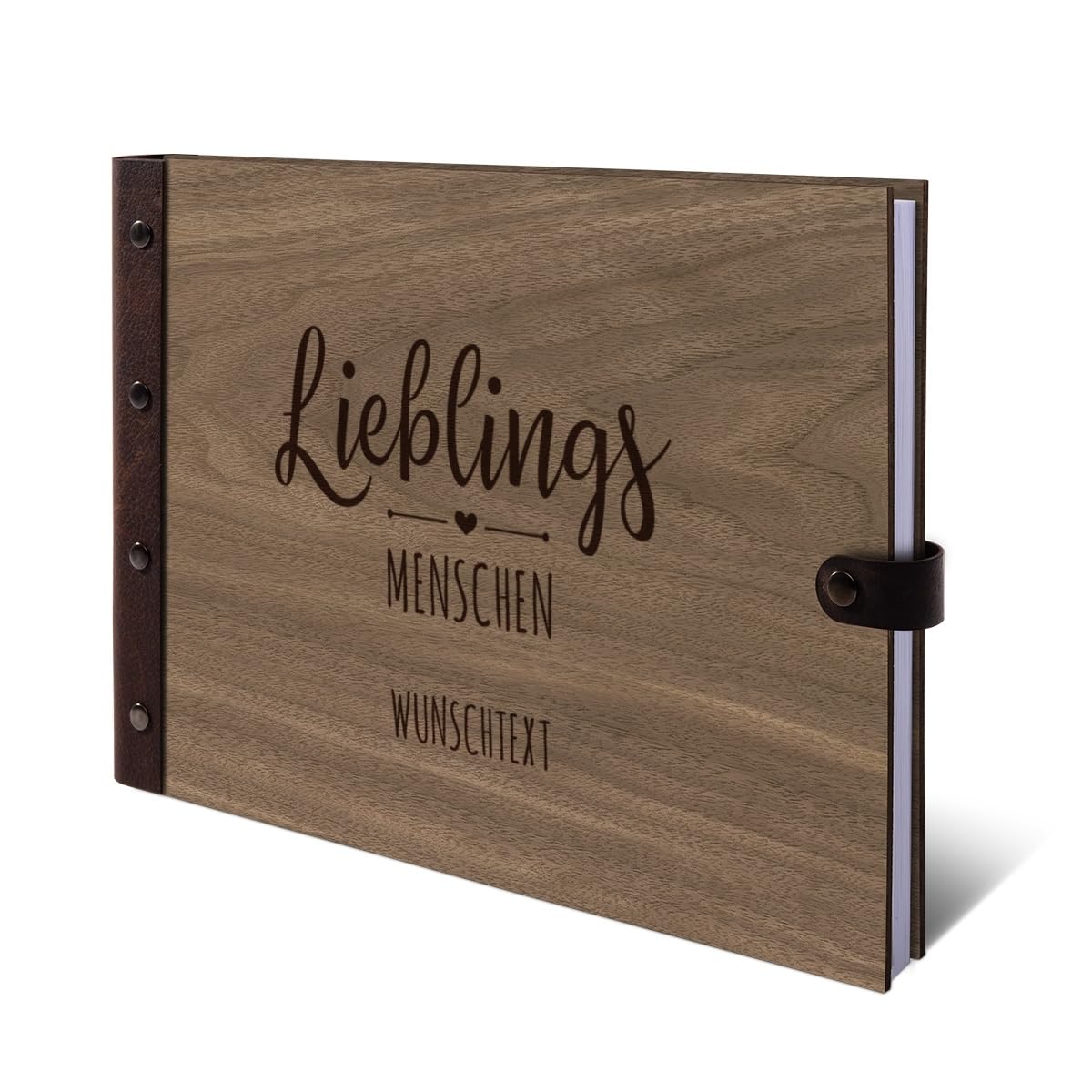 Personalisiertes Geburtstag Gästebuch echtes Holz DIN A4 Erinnerungsbuch mit Lasergravur - Lieblingsmenschen - mit 72 Blatt / 144 Seiten Naturpapier Weiß