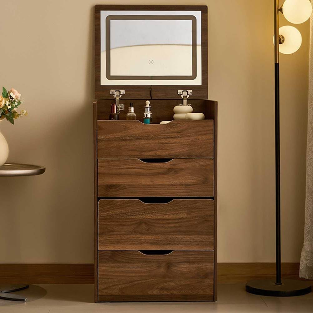 3 in 1 Vanity Desk with Lights and Flip Top Mirror, Small Makeup Table Set Drawers & Storage Chair, Visible Glass Top, Lighting Modes Adjustable, Dressing for Bedroom, Brown