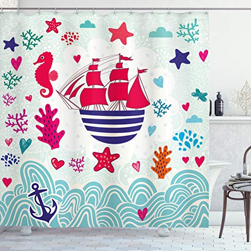 ABAKUHAUS Ocean Shower Curtain, Maritime Theme a Sailing Ship Anchor Seahorse and Sea Star Illustration Art