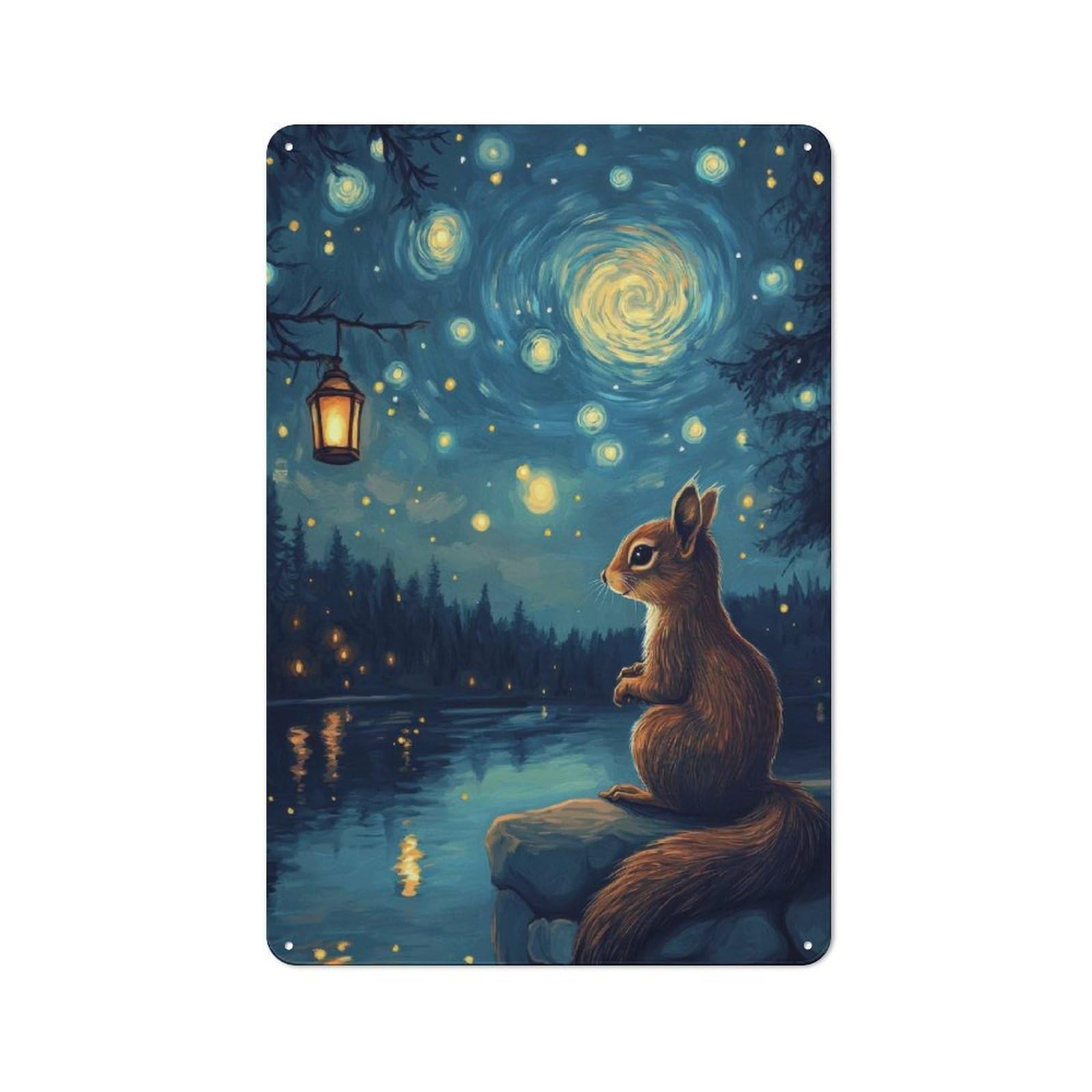 Junmoney Style-2 Farmhouse Rustic Metal Sign 30X20cm Featuring Squirrel Under Starry Sky, Farmhouse Wall Decor For Dining Room, Cafe, Entryway Or Family Room
