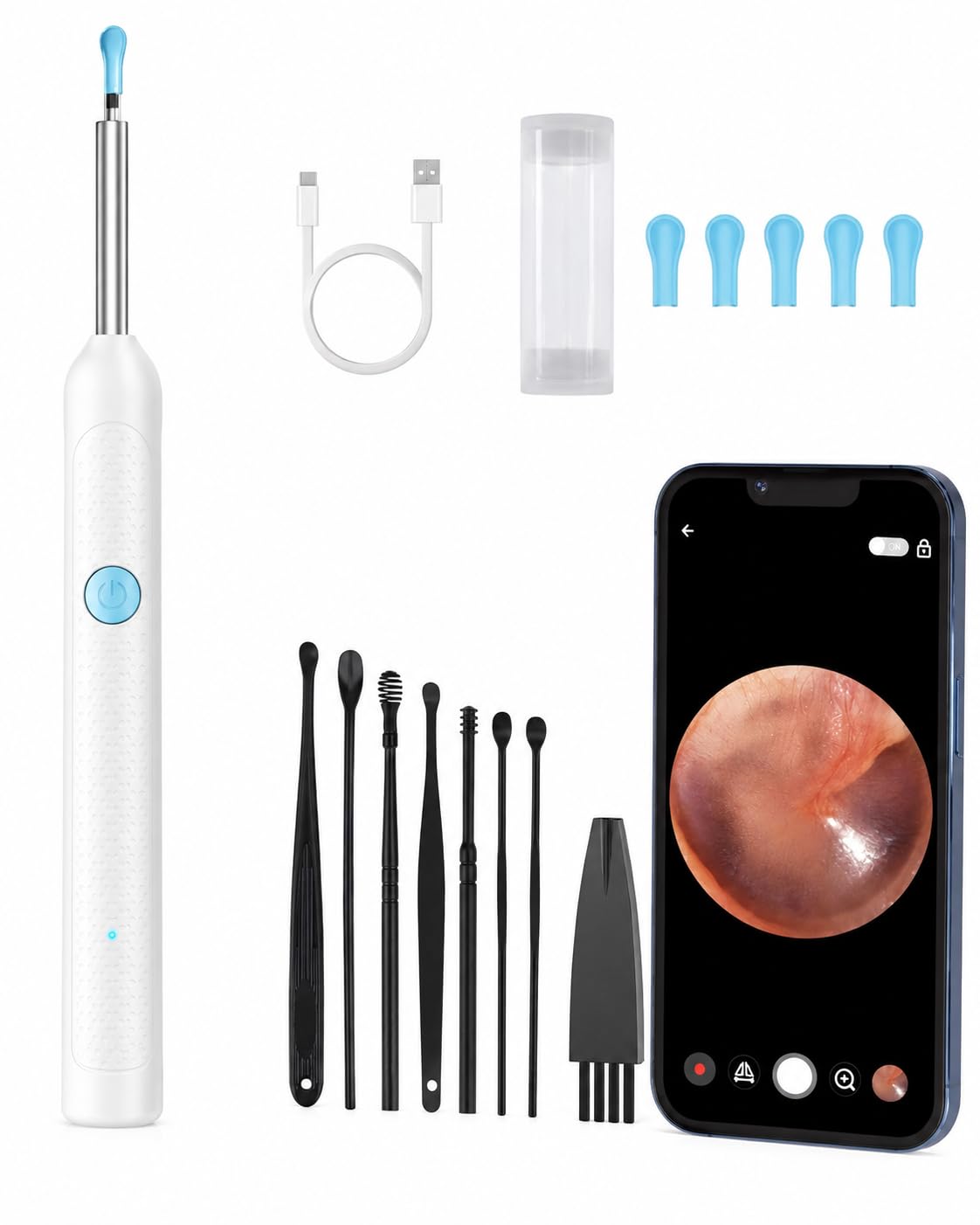Smart Ear Wax Removal - Wireless Ear Cleaner with HD Video Camera & LED Light - Ultra-Thin Ear Pick Scope Kit with 6 Soft Silicone Tips and 8-Piece Manual Curette Set for iOS & Android-Multicolor-image-3