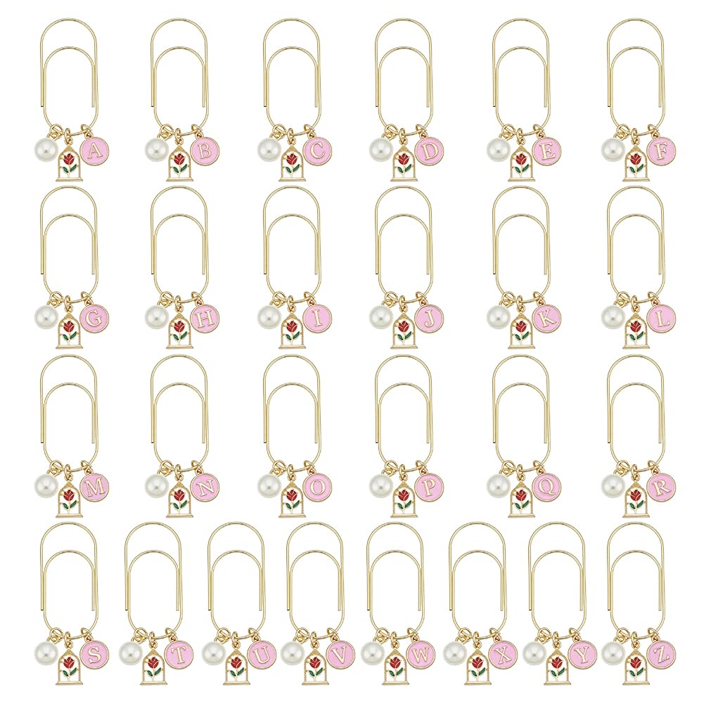 OLYCRAFT 26Pcs Pearl Charms Paper Clips Paper Clip Bookmark Rose Metal Paperclips Cute Bookmark with Enamel Letter Pendants Large Size Bookmarks Clips for Read Lovers Bookmarks Clamp Desk Accessories