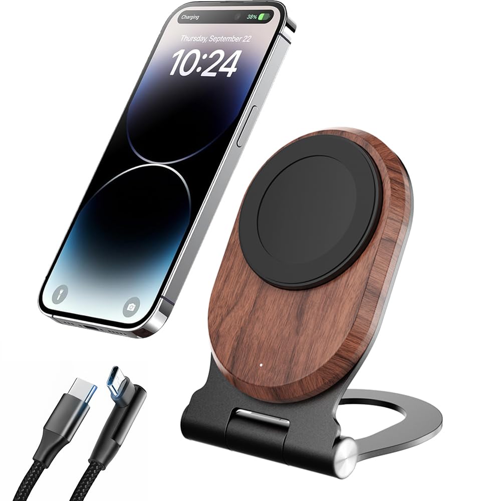 Soporte magnético de madera de nogal, base de carga rápida plegable de 15 W con ángulo ajustable de 0 a 85°, compatible con MagSafe para iPhone 17/16/15/14/13/12, decoración de escritorio y