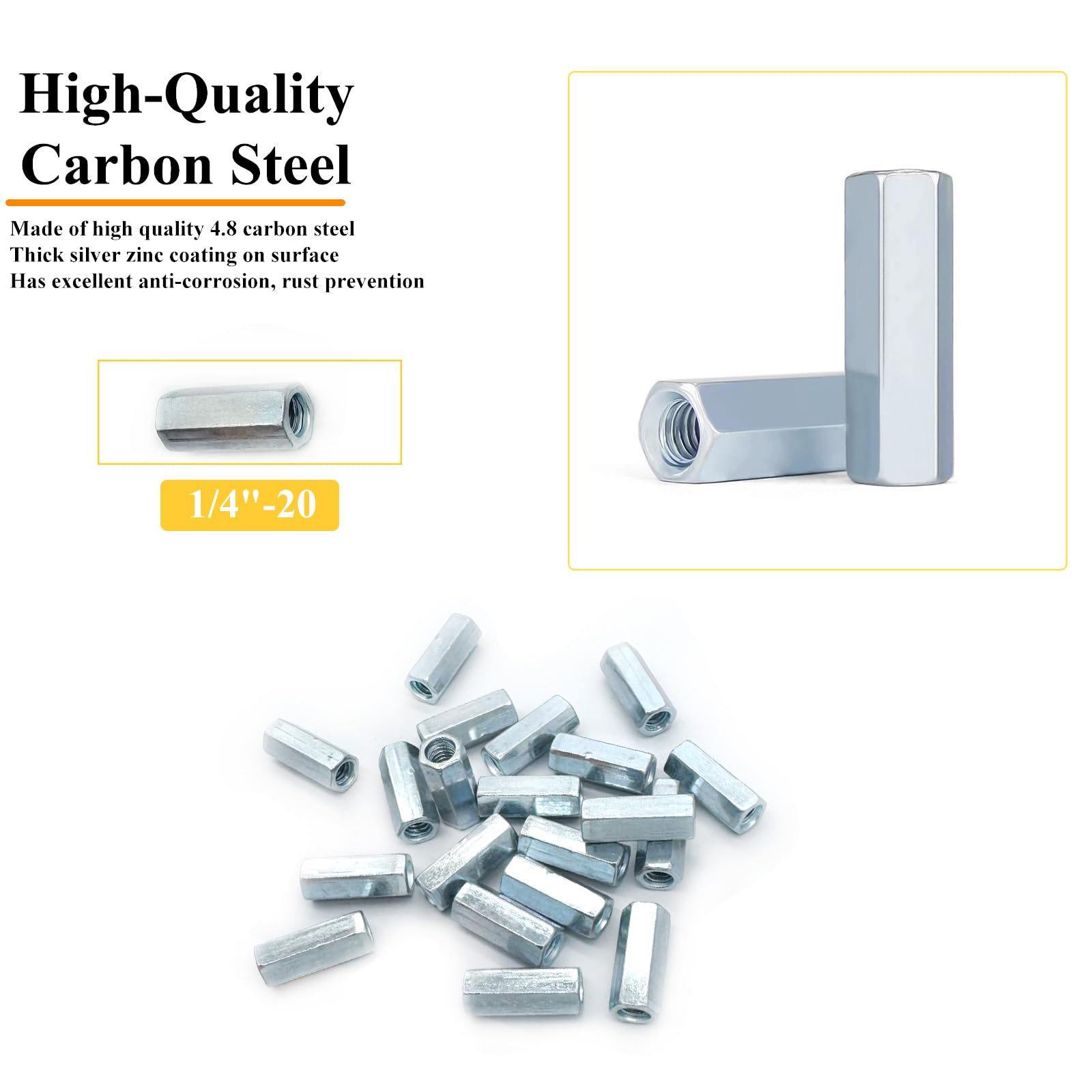 1/4"-20 Coupling Nuts - 20 Pack, Zinc Plated -3