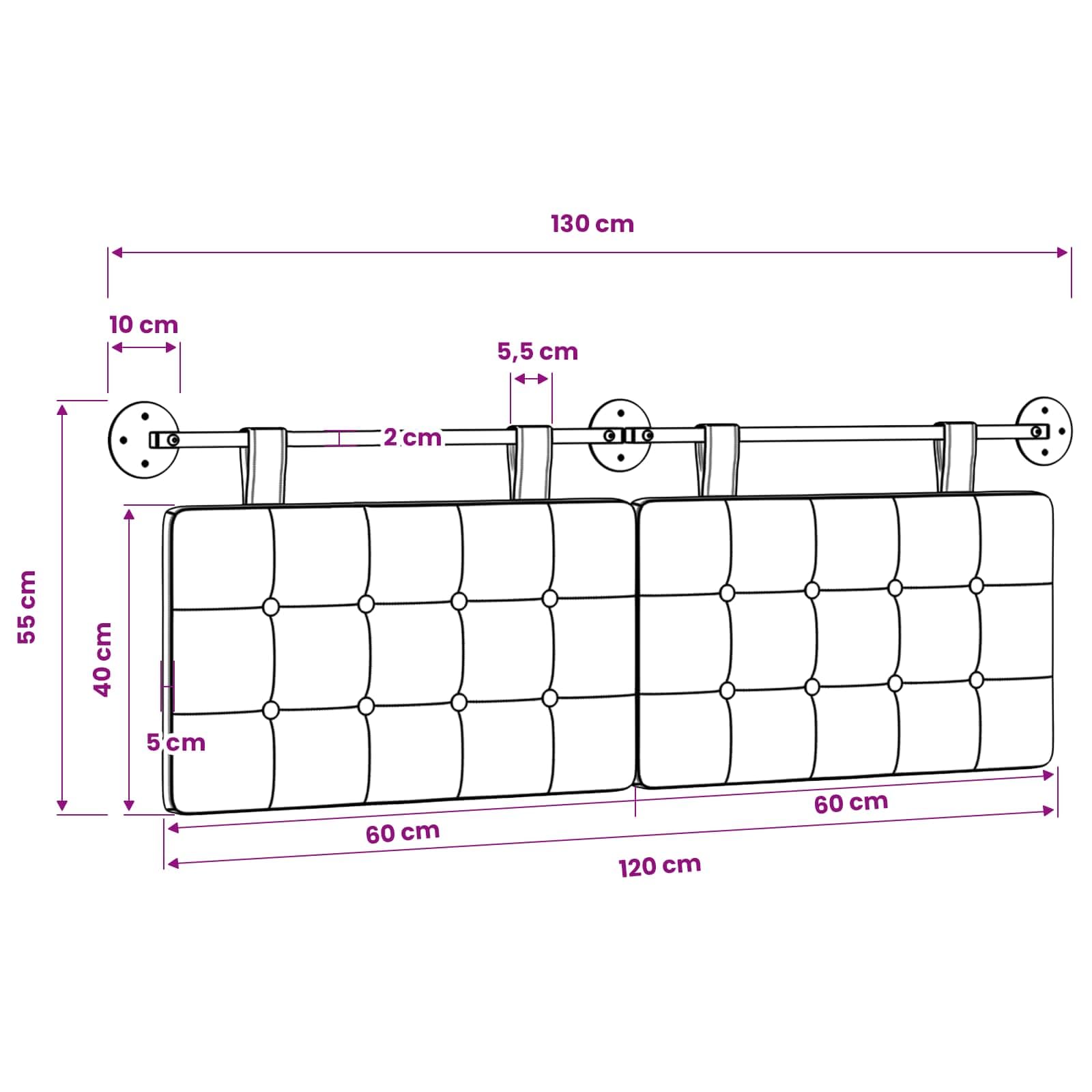 Cabecero colgante de tela blanca, 130 x 55 x 5 cm, juego de 2 unidades con fijación a la pared, cabecero tapizado para dormitorio, habitación de invitados, cama doble, cojín de lectura