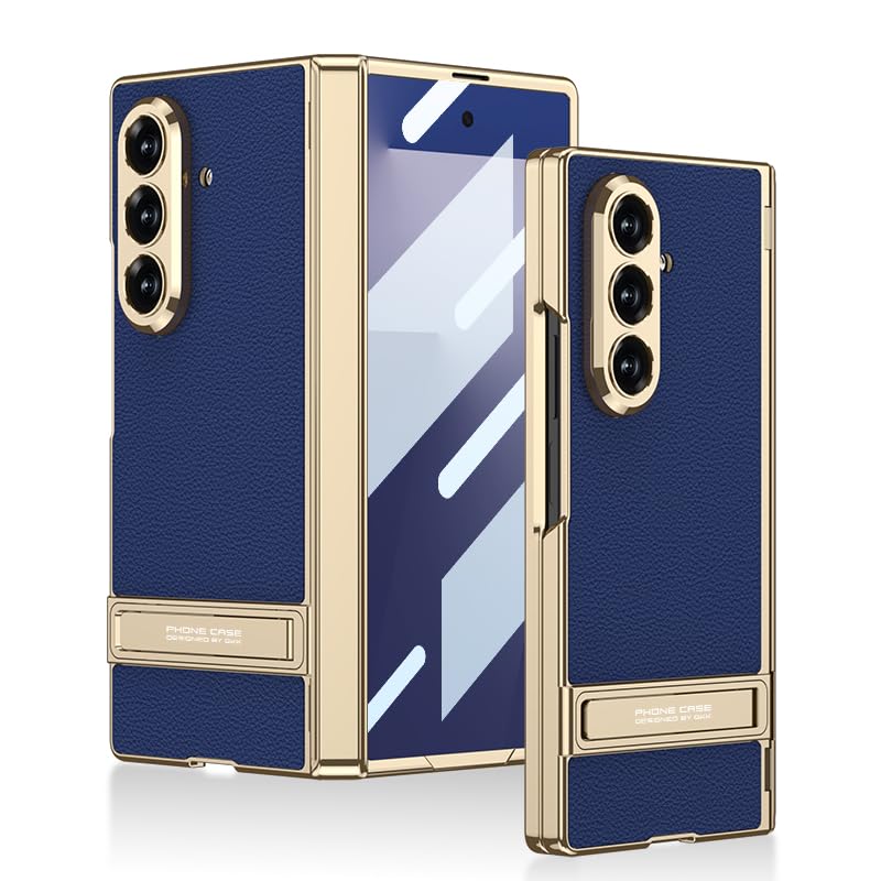 Image of Midkart Magnetic Case Compatible with Samsung Galaxy Z Fold 7 Release 2025 Hinge Protection Leather Cover with Stand Electroplated Camera Protection, Blue & Gold