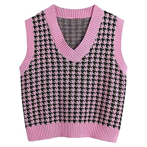 ZEKPEGAN Sweater Vest Women Plaid Knit Sleeveless V Neck Sweater Preppy Style Y2K Loose Fit Pullover Tank Tops 90S Oversized Houndstooth Knitwear Waistcoat For Girl(A-Hot Pink,L) Cover