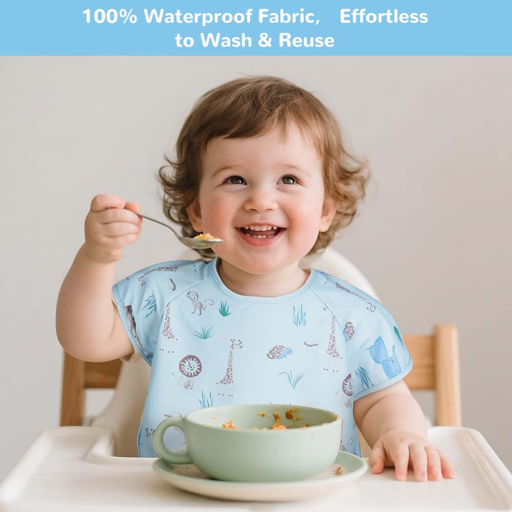 Vicloon Bavaglino con Maniche Corte Anti-Mess Impermeabile con Tasca per Bambini
