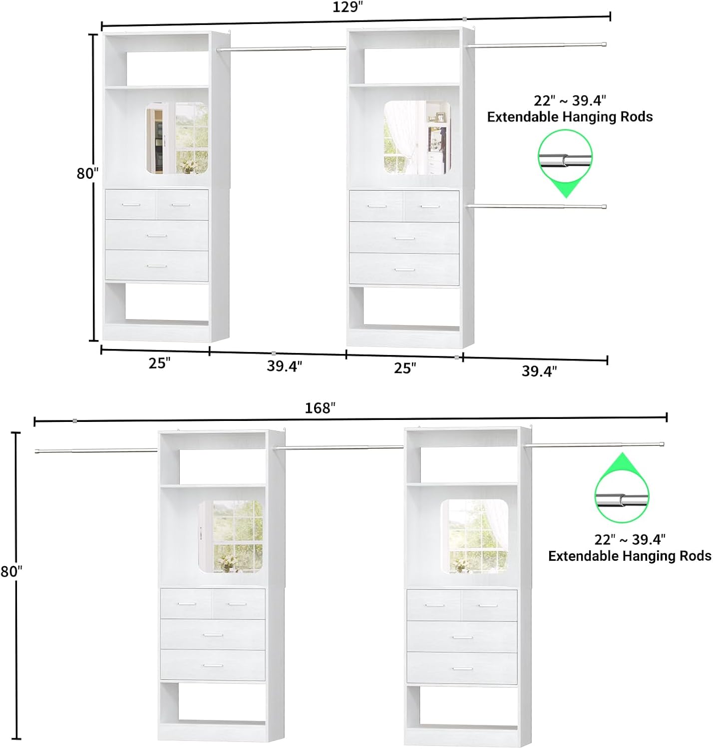 Unikito Closet Systems, 6-14FT Walk in Closet Organizer with 8 Drawers and Mirror, 168" Large Wood Closets Insert with Tower, Sturdy Wardrobe Closets Garment Rack with Extendable Hanging Rods, White
