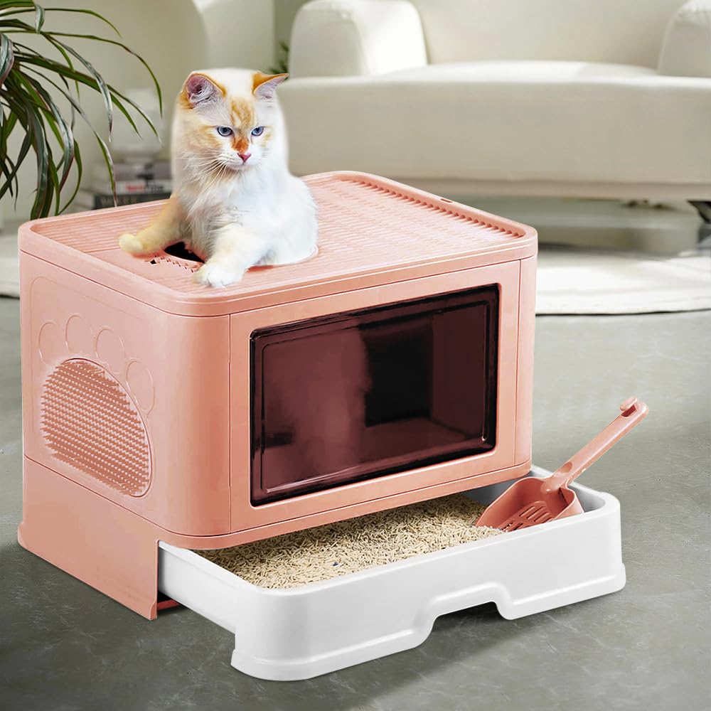 Arenero para Gatos, Caja de Arena Plegable para Gatos, Caja Arena con Bandeja Extraíble y Pala, Espacioso para Gatos Grandes, Carga de 15 kg, Antiescapes-48,5 * 36,5 * 38cm PP-Rosa