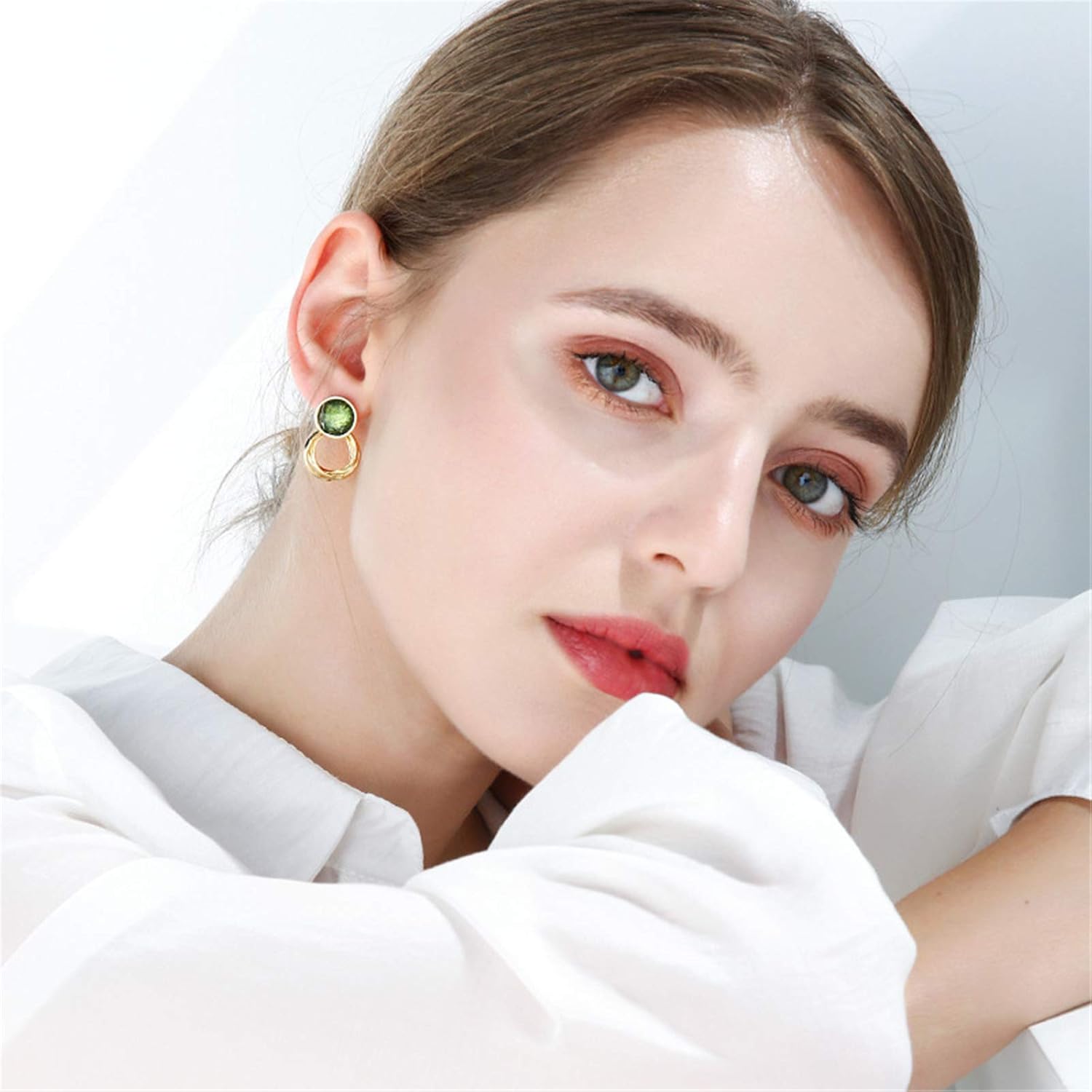 coadipress Green Round Stud Earrings for Women Fashion Gold Plated 925 Sterling Silver Dipped Circle Dangle Drop Geometric Brushed Statement Earrings - Image 2