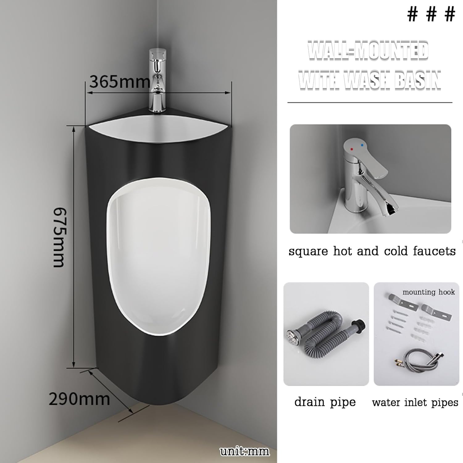 Corner Male Porcelain Urinal with Built-in Faucet & Wash Basin, Spill-Proof and Easy-Clean Surface, Modern 2-in-1 Design Ideal for Home Bathrooms,Small Restrooms(Black)