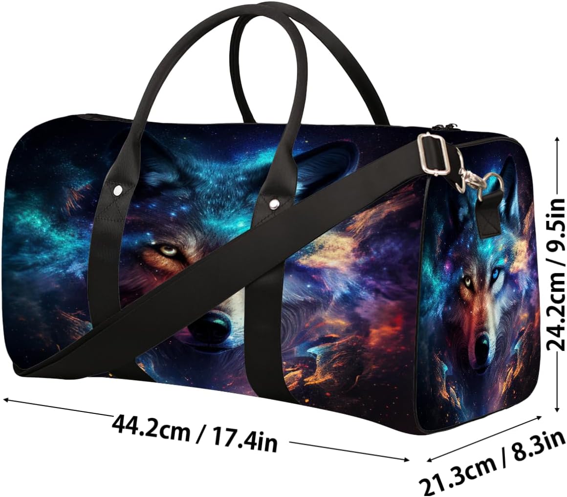 Cool Galaxy Animal Wolf Travel Duffel Bag for Women Men Small Sport Gym Bag Waterproof Weekender Overnight Bag Lightweight Carry on bag Foldable Gym Bag for Training Swim Yoga Traveling Handbag