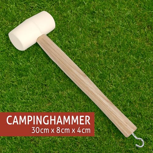 Tool & Tree Camping Hammer mit weißem Gummikopf und Holzgriff – Zelthammer mit Haken zum Herausziehen von Heringen – Schonhammer für Zeltaufbau, Camping, Trekking, Outdoor, Festival & Garten