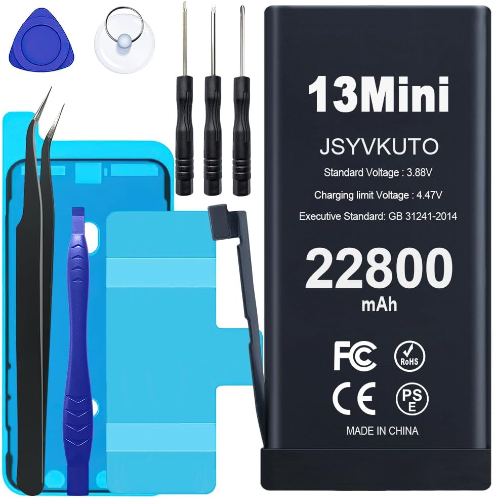 22800mAh Battery for iPhone 13 Mini, New 0 Cycle-Upgraded-Higher Capacity Replacement Battery for iPhone 13 Mini with Full Set Repair Tool Kit, Model A2481 A2626 A2628 A2629 A2630