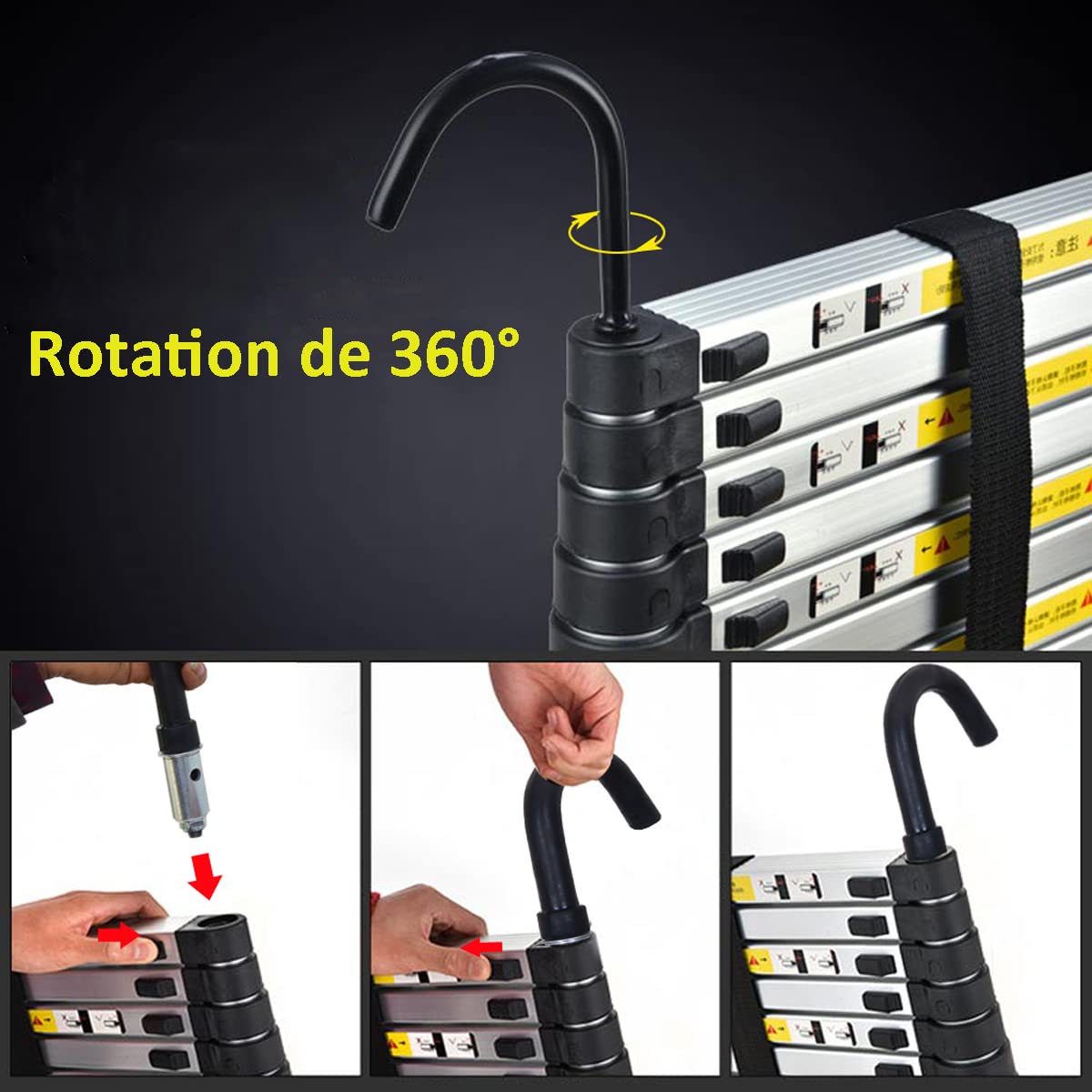 Échelles télescopiques 6,2m avec Crochets, 15 marches échelle en Aluminium, échelle multifonctionnelle avec protège-Doigts, échelle Extensible Pliable pour toiture, Charge Maximale 150kg
