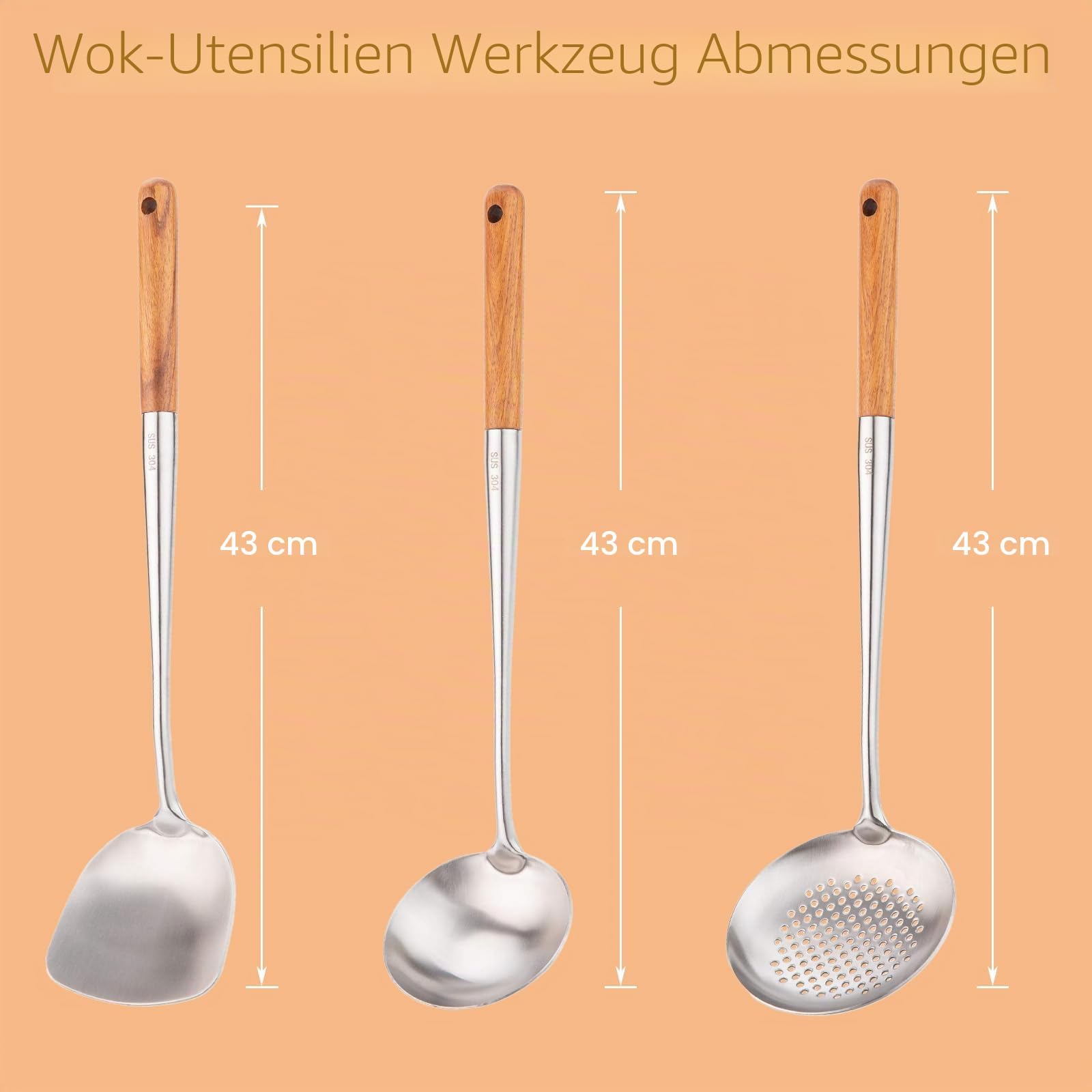 FJNATINH Wok-Pfannenwender und Schöpflöffel, Werkzeugset, 43,2 cm, Pfannenwender für Wok, 304 Edelstahl