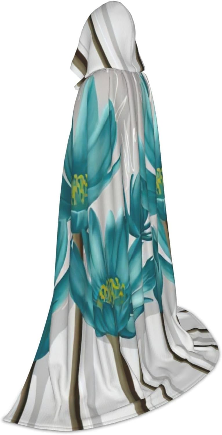 ティールグレーとホワイトフローラルプリントハロウィンフード付きケープコスプレケープ&amp;ウィッチマント - ユニハロウィンフード