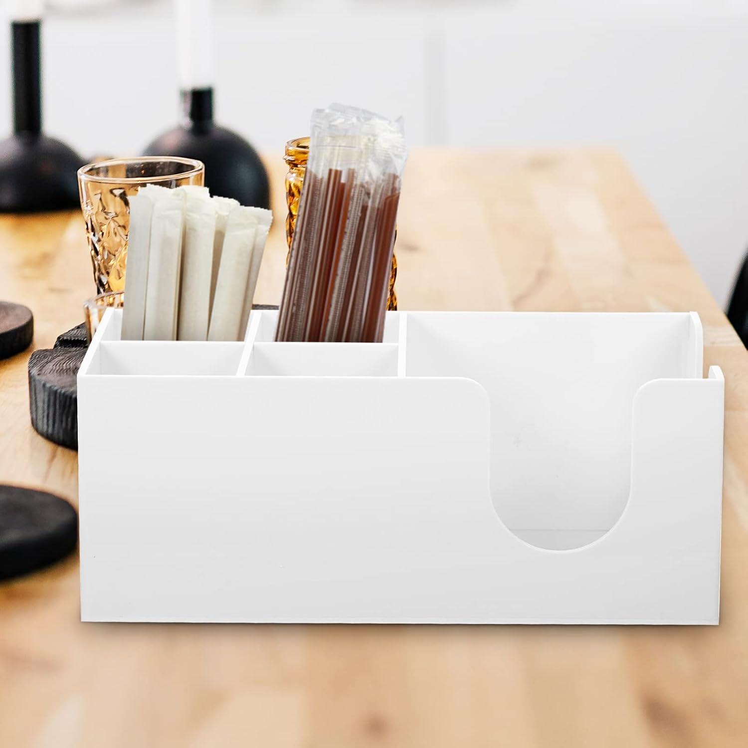 GLEAVI Accessory Acrylic Napkin Storage Rack Multi-compartment Holder for Cups Straws Tea Bags Home Bar Organizer White