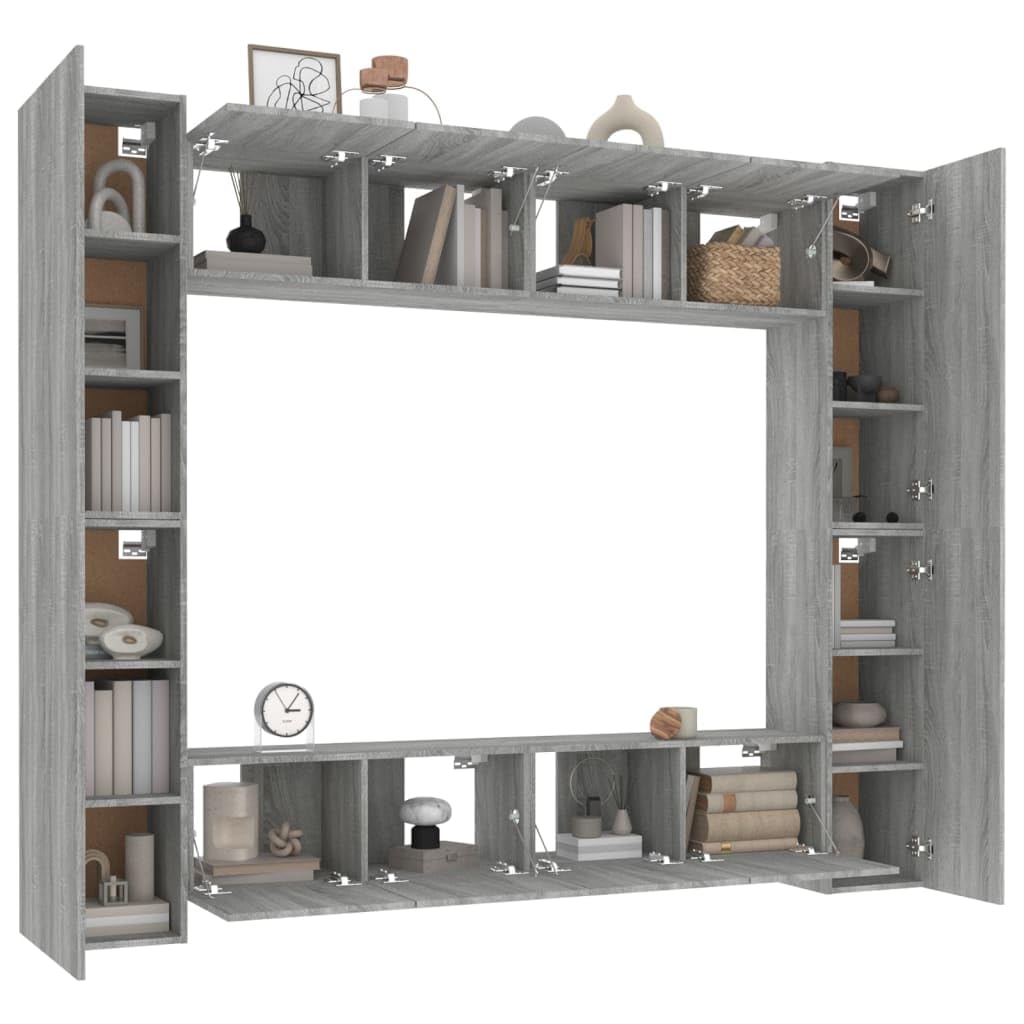 8-TLG. TV-Schrank-Set Grau Sonoma Holzwerkstoff, Wandmontage, Modernes Media-Center für Wohnzimmer, Robust & Feuchtigkeitsbeständig, Vielseitige Aufbewahrung