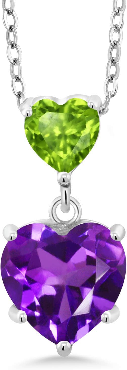 Gem Stone King 2.10 Cttw Purple Amethyst and Green Peridot Double Heart Pendant Necklace for Women | 925 Sterling Silver | Heart 8MM and 5MM | With 18 Inch Silver Chain