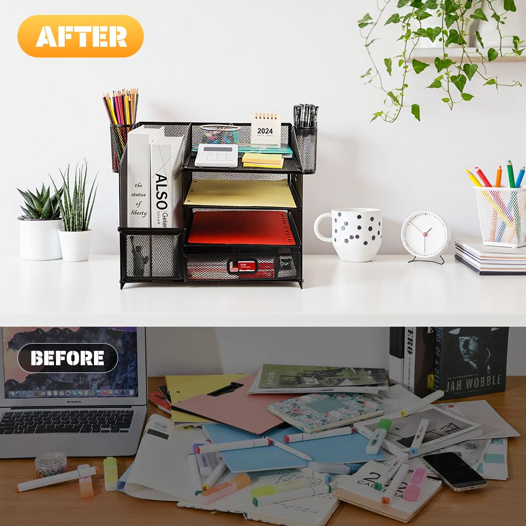 HASTHIP® Organizer da scrivania in rete metallica con scomparti multipli, cassetto e portapenne, organizer da scrivania per libri, quaderni, cancelleria e forniture