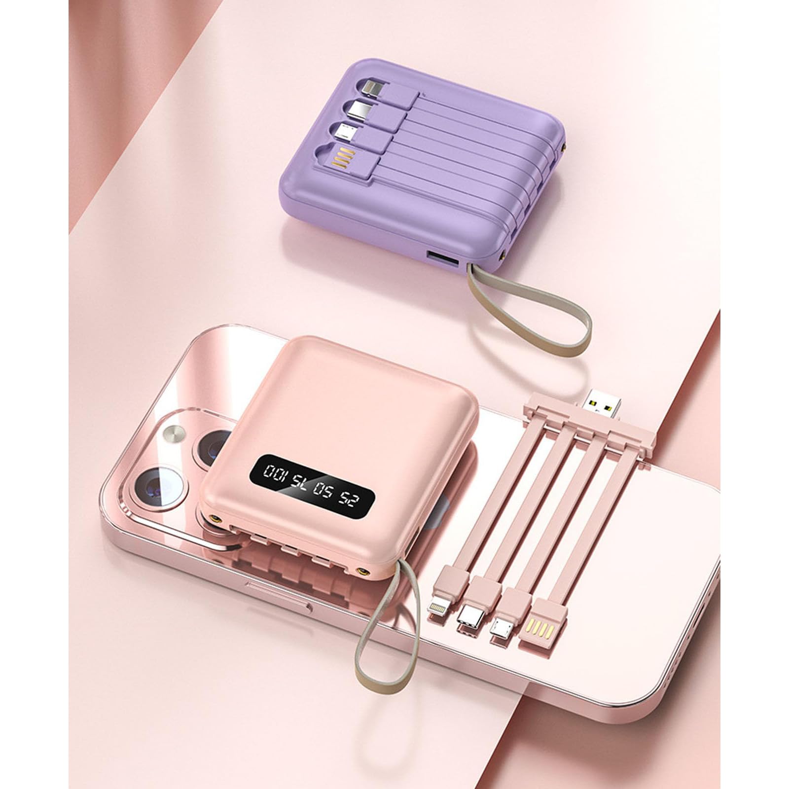 Caricabatterie Portatile Power Bank 20000 mAh con Display, Ricarica Rapida, Power Bank con Ricarica Rapida per Telefono Cellulare, Alimentazione Mobile A 4 Cavi,Viola