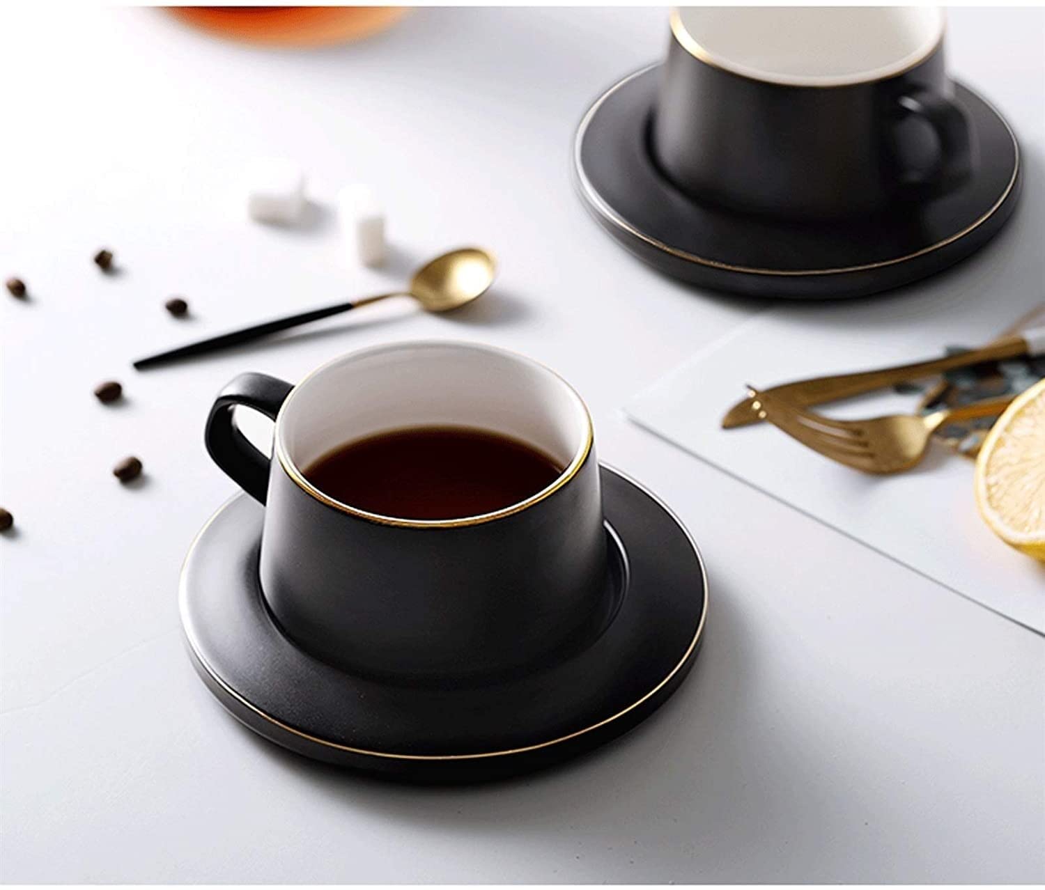 Taza de café Taza de té Creativa Copa de cerámica Hombres y Mujeres Taza de Agua portátil Personalidad Taza de café con Cuchara de Plato Taza de Chocolate Caliente (Color : A)