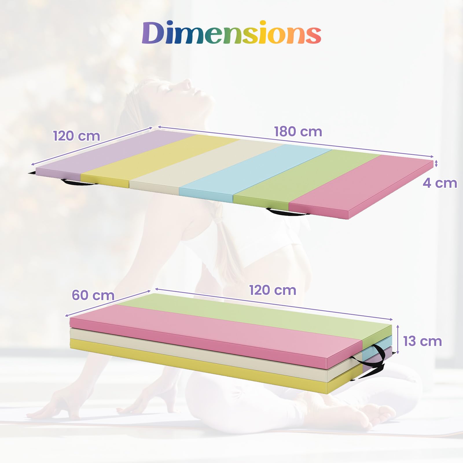 FANTASK Klappbare Weichbodenmatte, 180 x 120cm, Fitnessmatte aus PU 3 fach faltbar, Weichbodenmatte mit Tragegriff, Sportmatte Spielmatte zuhause für Kinder Erwachsene, Macaron