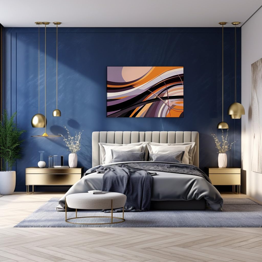 Canvas for Living room. Rhythmic Vibrancy in Motion: Where Orange, Black, and Purple Dance among Dynamic Curves, 27 x 18 inch Canvas Wall Art - Geometric Harmony - Modern Home Decor