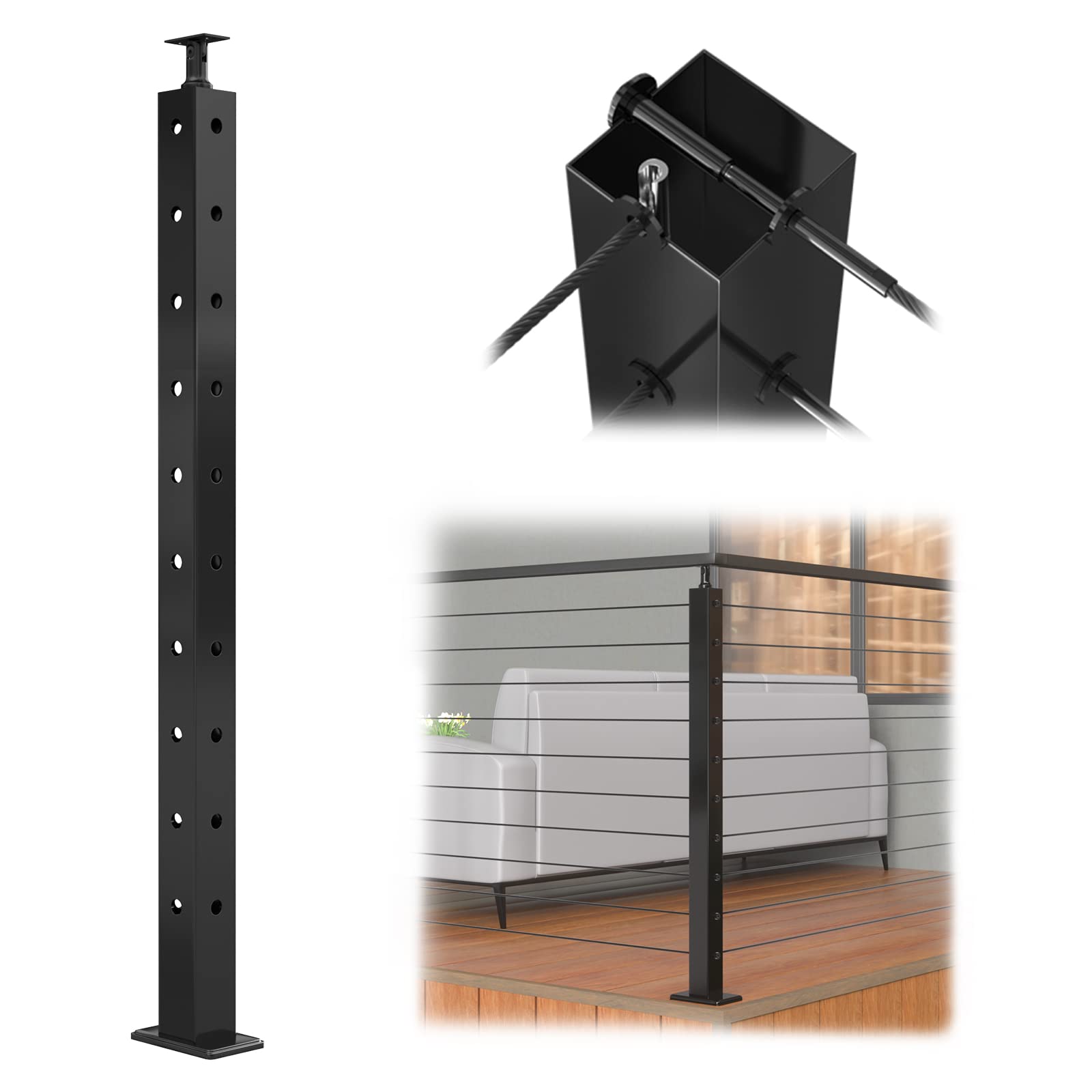 Muzata Cable Railing Post Corner Post T-drilled (Three Sides Pre-Drilled) 36''x2''x2'' Stainless Steel Black Top Mount for Wood Concrete Level Deck PS01 B34S, PT1 PT2 PT6