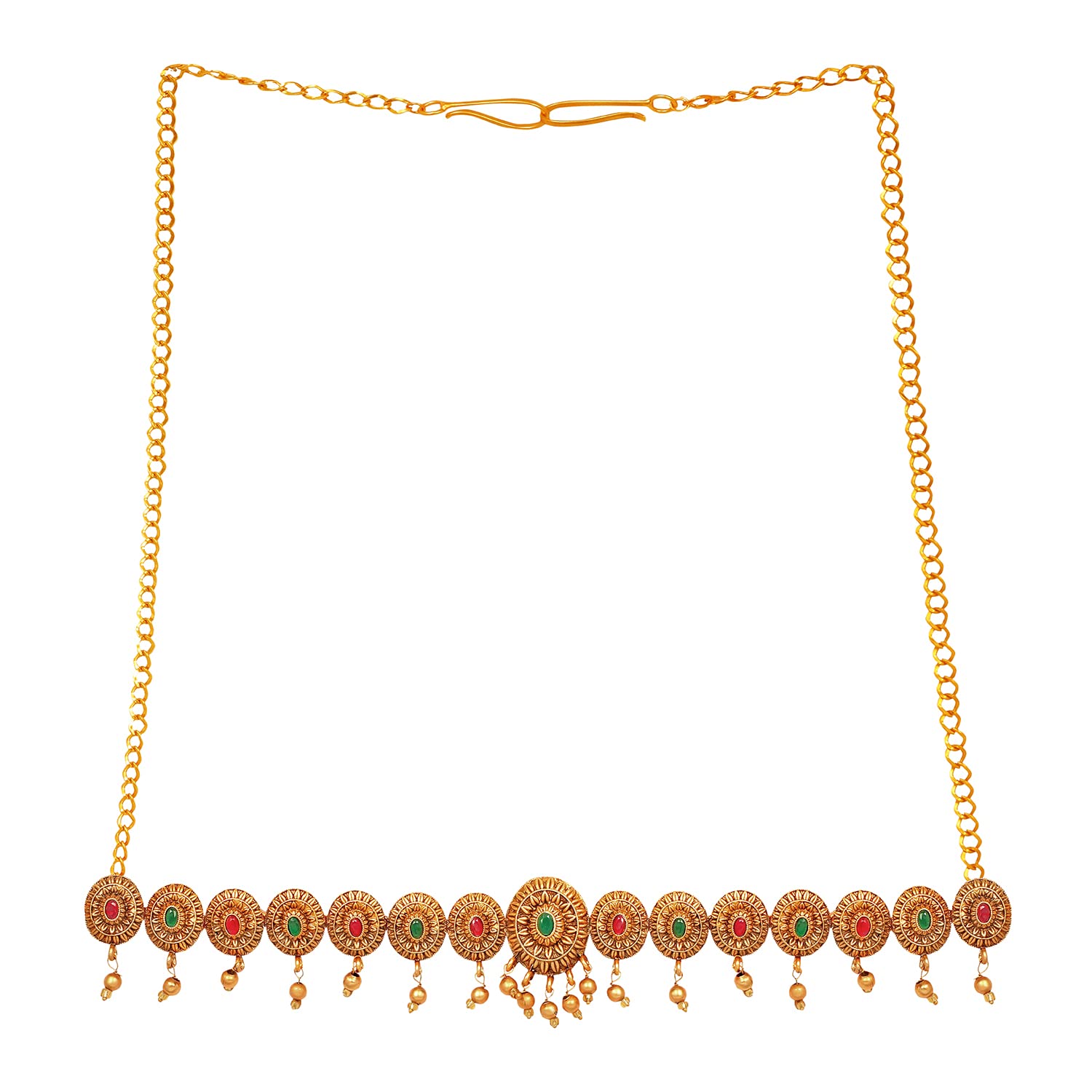 Gold Plated Waist Belt for Women | Red & Green Stone Studded Bridal Kamarbandh | Perfect Kamarpatta for Weddings, Karwachauth & Festive Gifting