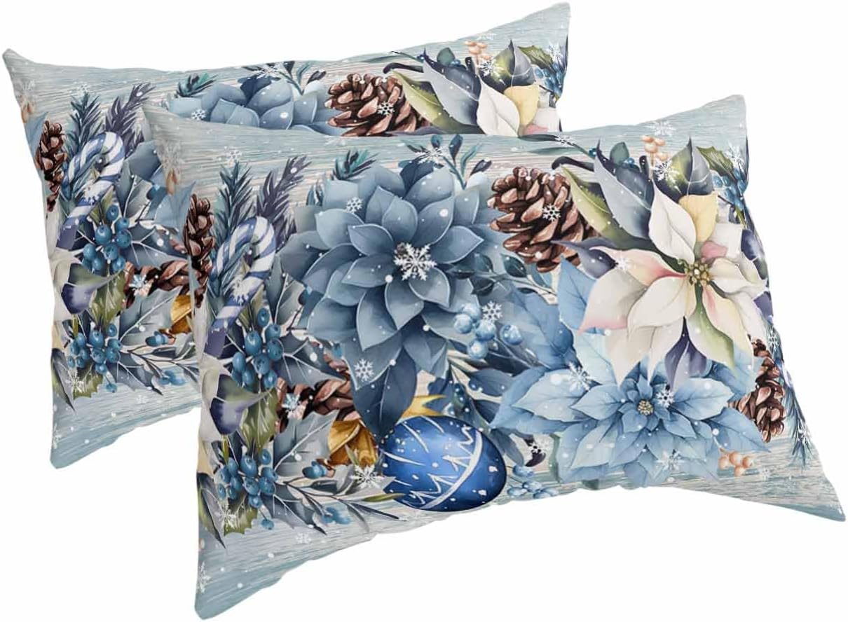 DecorLovee Blue Poinsettia Christmas Pillow Cases Standard Size Set of 2 - Microfiber Bed Throw Pillow Covers, Xmas Botanical Balls Snowflake Vintage Lumbar Pillow Cover with Envelope Closure 20"x26"
