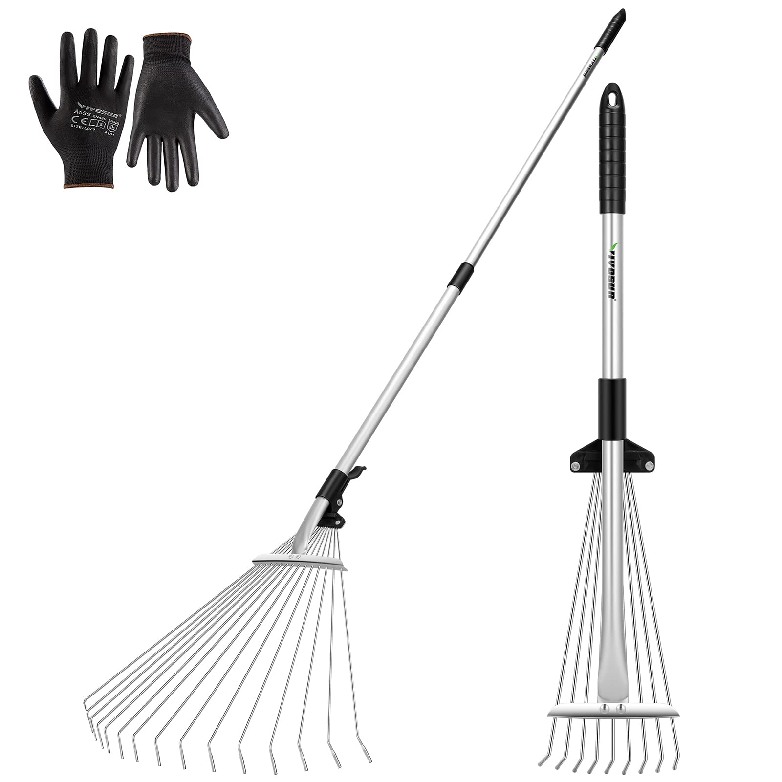 2-Piece Leaf Rake Set - Adjustable Garden/Camping Rake with 15/9 Tines, Collapsing Tines & Telescopic Handle (64'' & 30'')