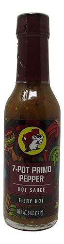 Buc-ees Salsa picante gourmet, sin gluten, sin OMG, sabor picante picante de 7 ollas de Primo Pepper - Botella de 5 onzas