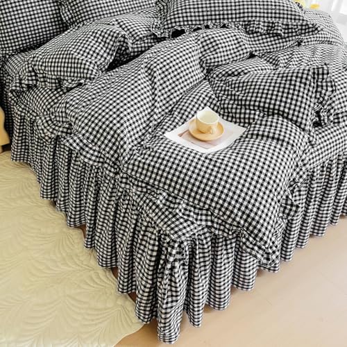 Image of LifeTB Black Gingham Comforter Set King Ruffle Checkered Plaid Comforter Set 3 Pieces Boho Grid Bed Comforter with 2 Pillowcases Fluffy Soft Vintage Checkered Lightweight Gingham Bedding Set King