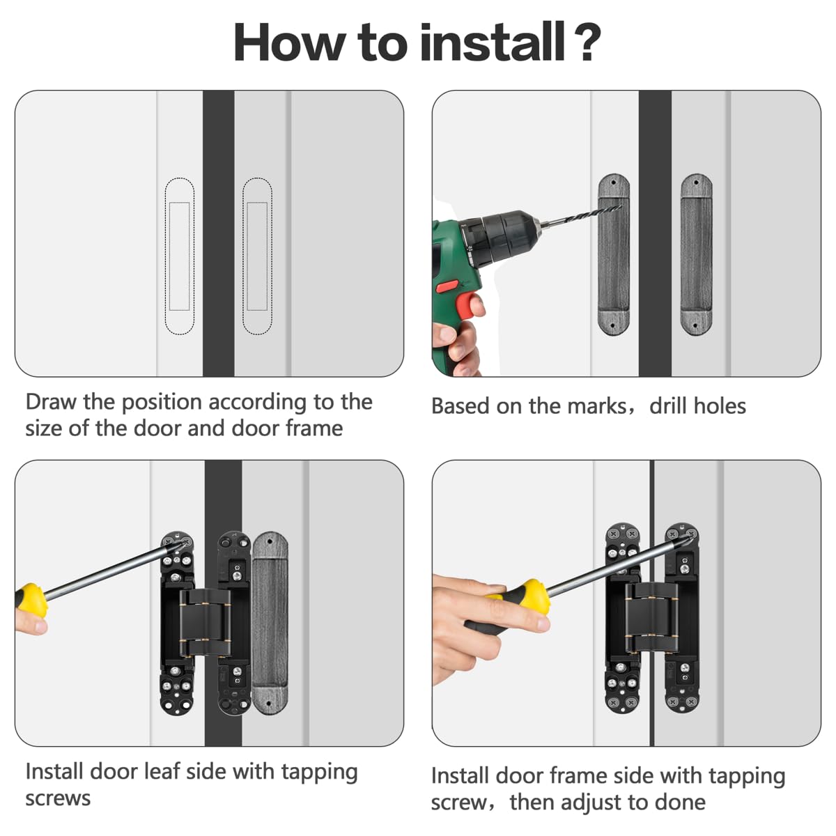 Bisagras de puerta ocultas (2 piezas) - Bisagras invisibles negras de 6 pulgadas para puertas, bisagras ocultas oscilantes de 180 grados, bisagras ajustables de 3 vías y resistentes (negro)