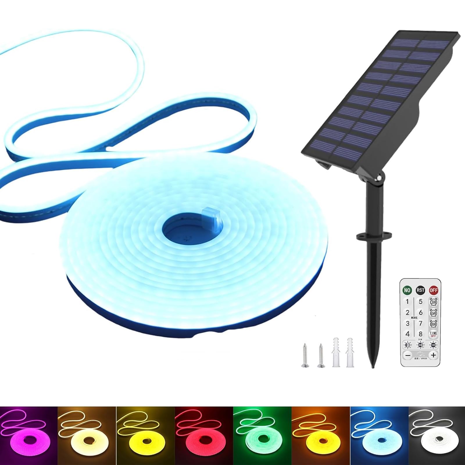 KISUFU Solar Energy Neon LED Ribbon, 24V Neon LED Strip Light IP65 Waterproof Silicone with 1.5w Solar Rechargeable Wall Mount USB Controller for Garden, Outdoor Yard Party Decoration