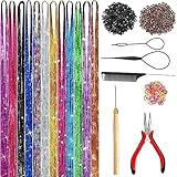 Hair Tinsel Kit (48 Inch,12 Colors, 3800 strands), Fairy Tinsel Hair Extensions with Tools - Glitter Hair Tinsel Heat Resistant Accessories for Girls Women Kids Christmas New Year Halloween Cosplay