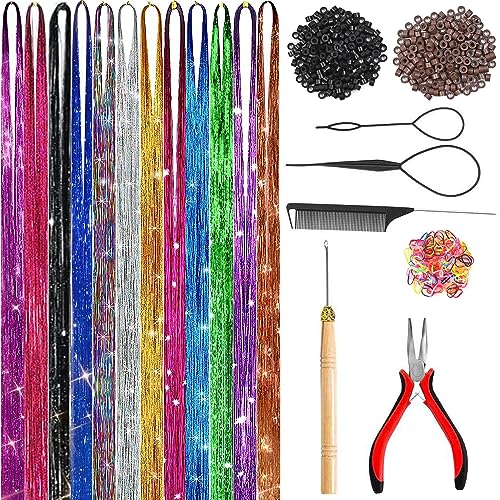 Hair Tinsel Kit (48 Inch,12 Colors, 3800 strands), Fairy Tinsel Hair Extensions with Tools - Glitter Hair Tinsel Heat Resistant Accessories for Girls Women Kids Christmas New Year Halloween Cosplay