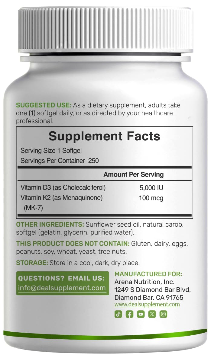 DEAL SUPPLEMENT Vitamin D3 K2 (MK-7) 5,000 IU Per Serving, 500 Softgels — Amazon image 6