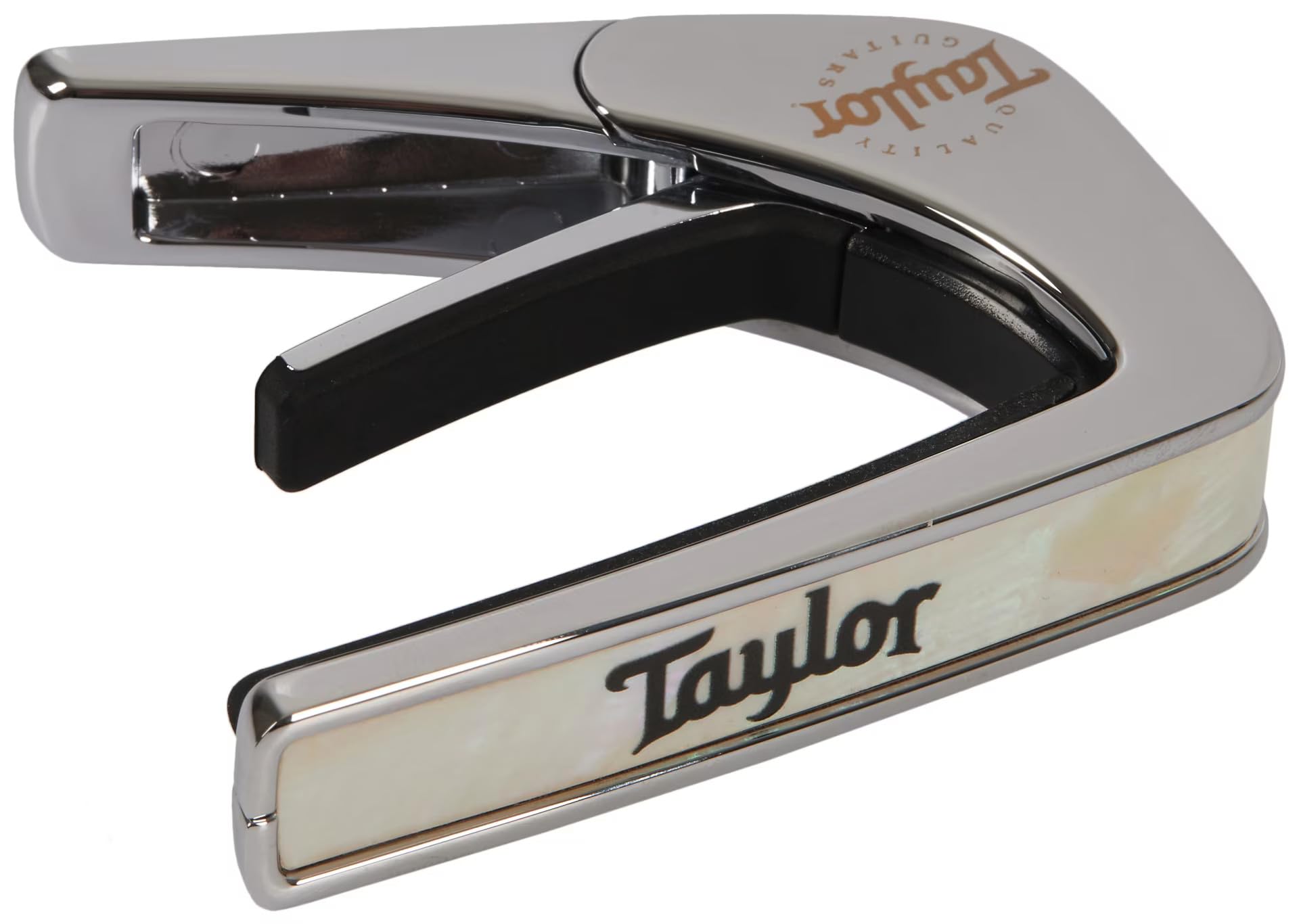 Taylor by THALIA - Cejilla con acabado cromado, nácar blanco con logotipo de Taylor negro