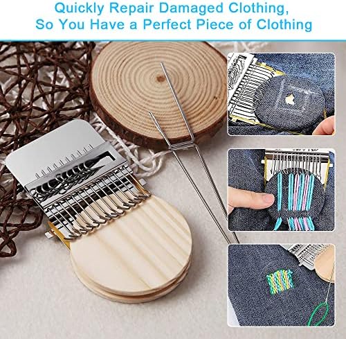 OLRWSLG Small Loom Speedweve Type Weave Tool Mini Darning Loom Quickly Mending Loom Machine 14 Hooks Wooden Mini Hand Knitting Machine DIY Darning Machine for Mending Jeans, Socks and Clothes
